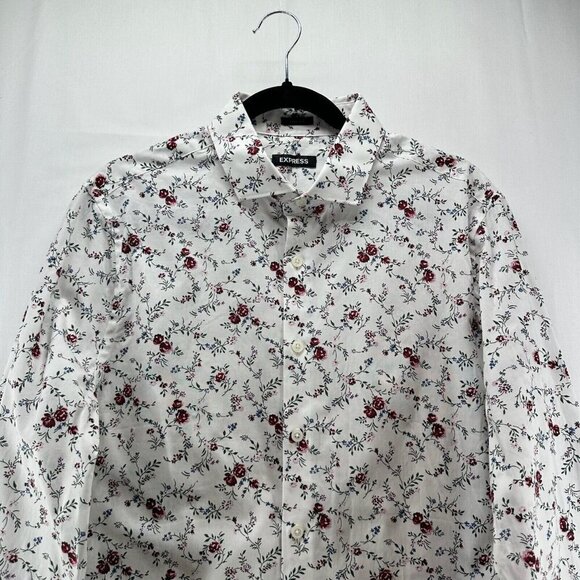 Express Blouse Womens Sz L Extra Slim Shirt Floral Button Front Cotton White - Picture 3 of 12